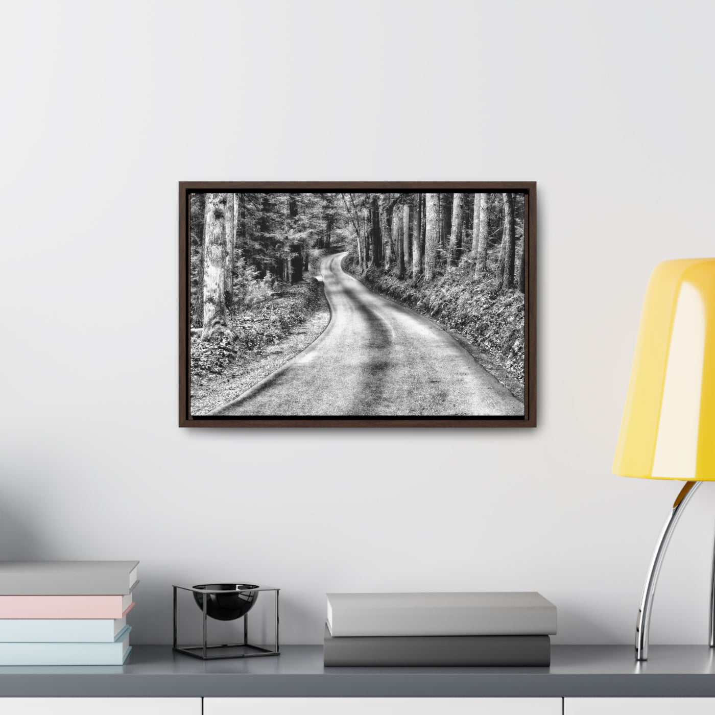 Black and White Mountain Road Framed Canvas Art Print