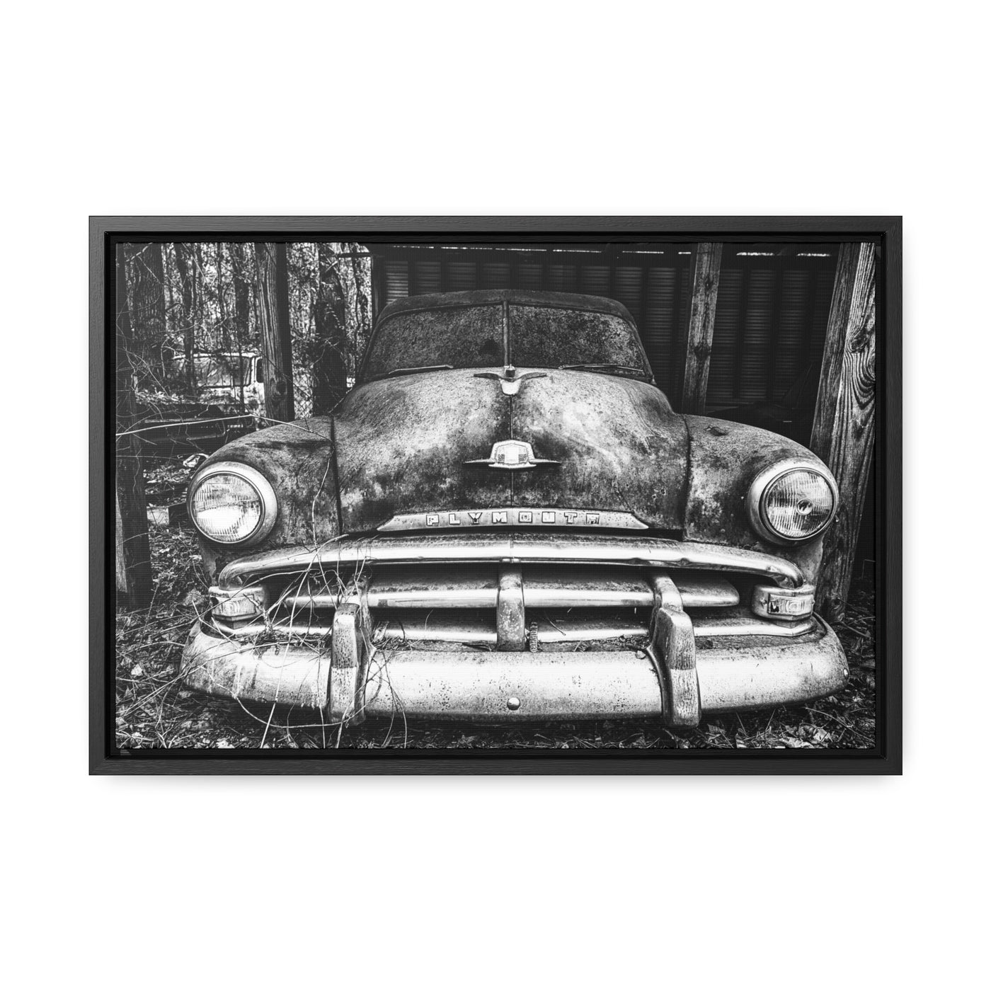 Old Antique Car Black and White Framed Canvas Art Print