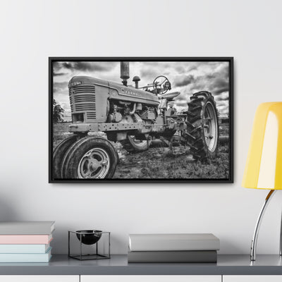 Old Farmall Tractor Black and White Framed Canvas Art Print