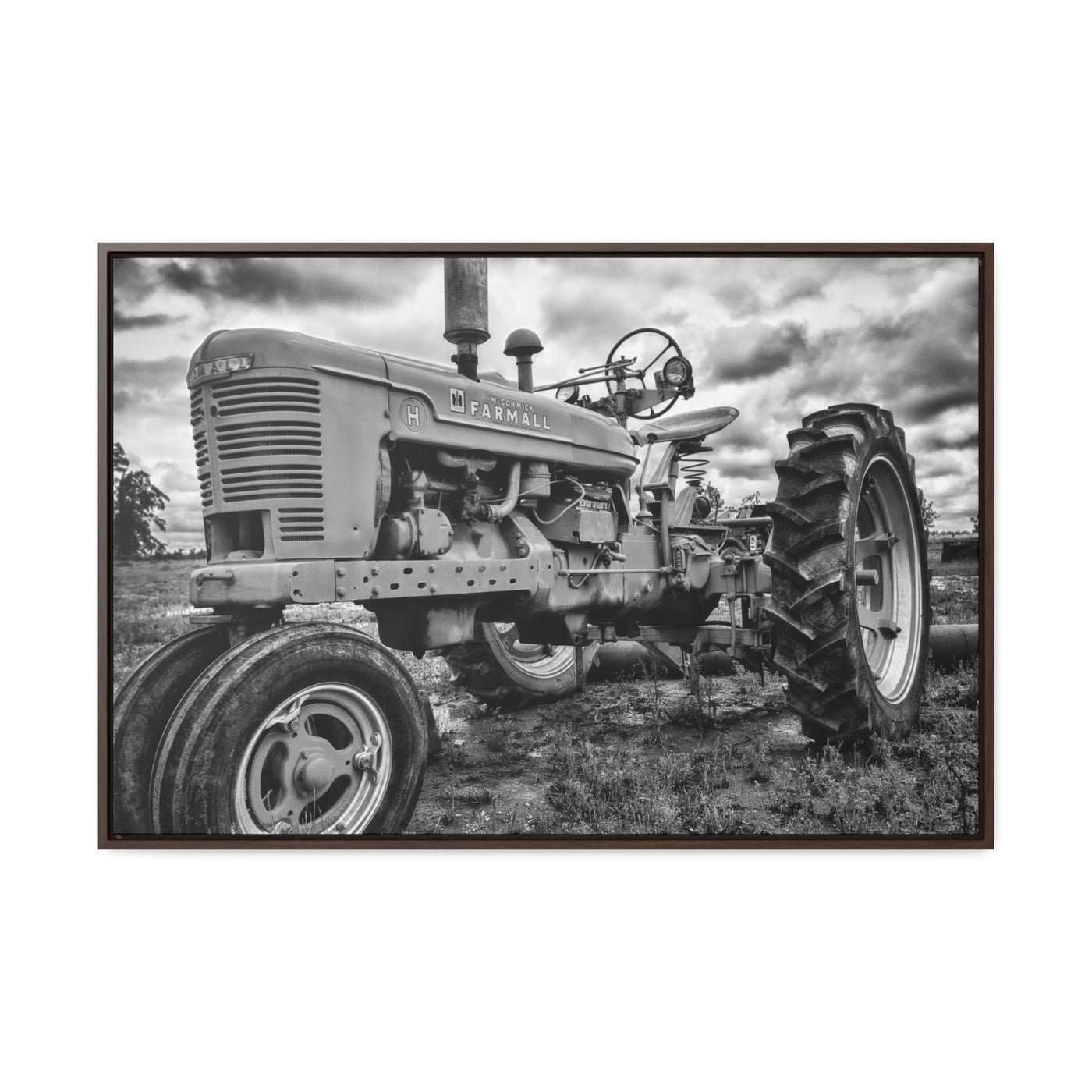 Old Farmall Tractor Black and White Framed Canvas Art Print