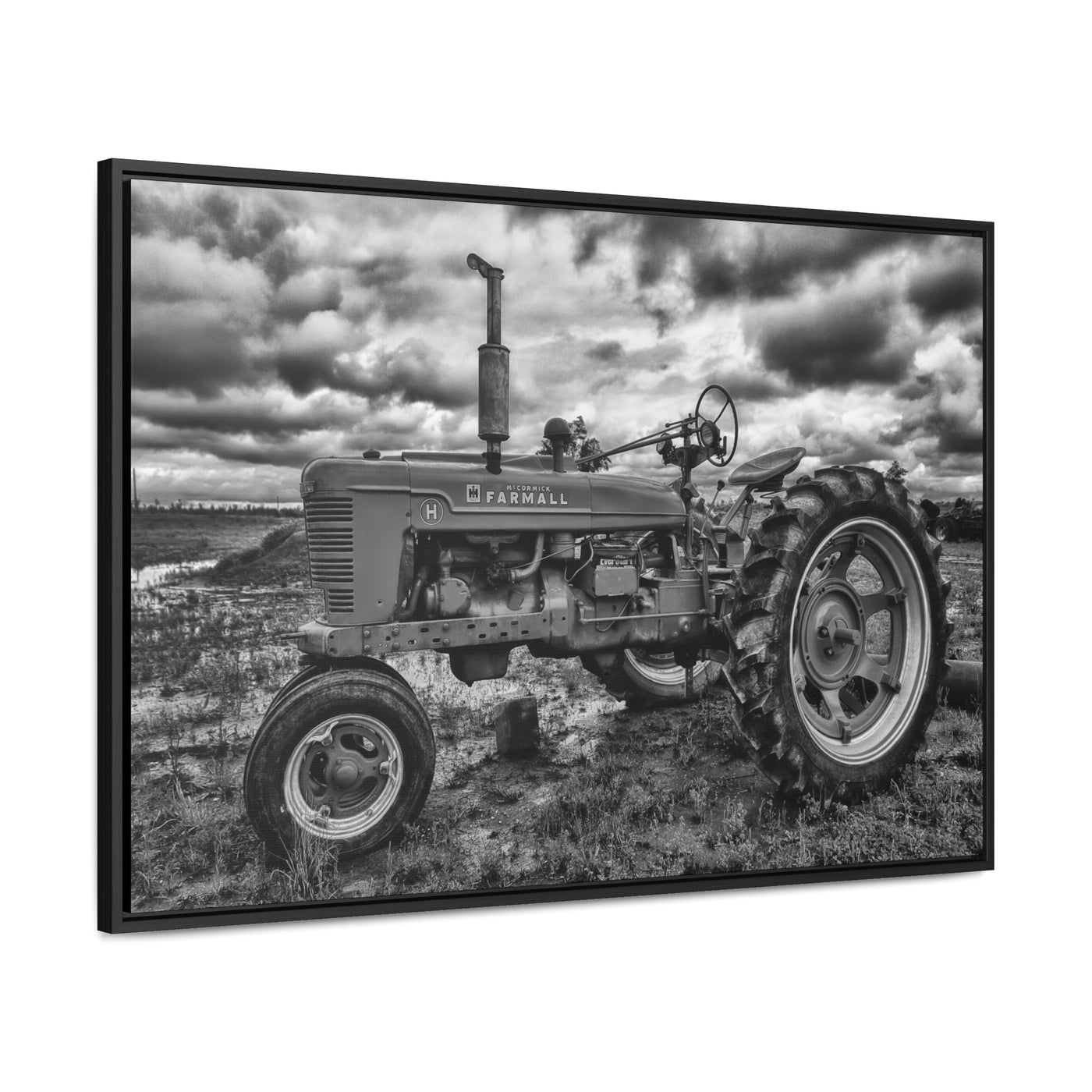 Black and White Tractor Framed Canvas Art Print