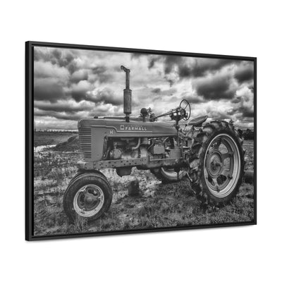 Black and White Tractor Framed Canvas Art Print