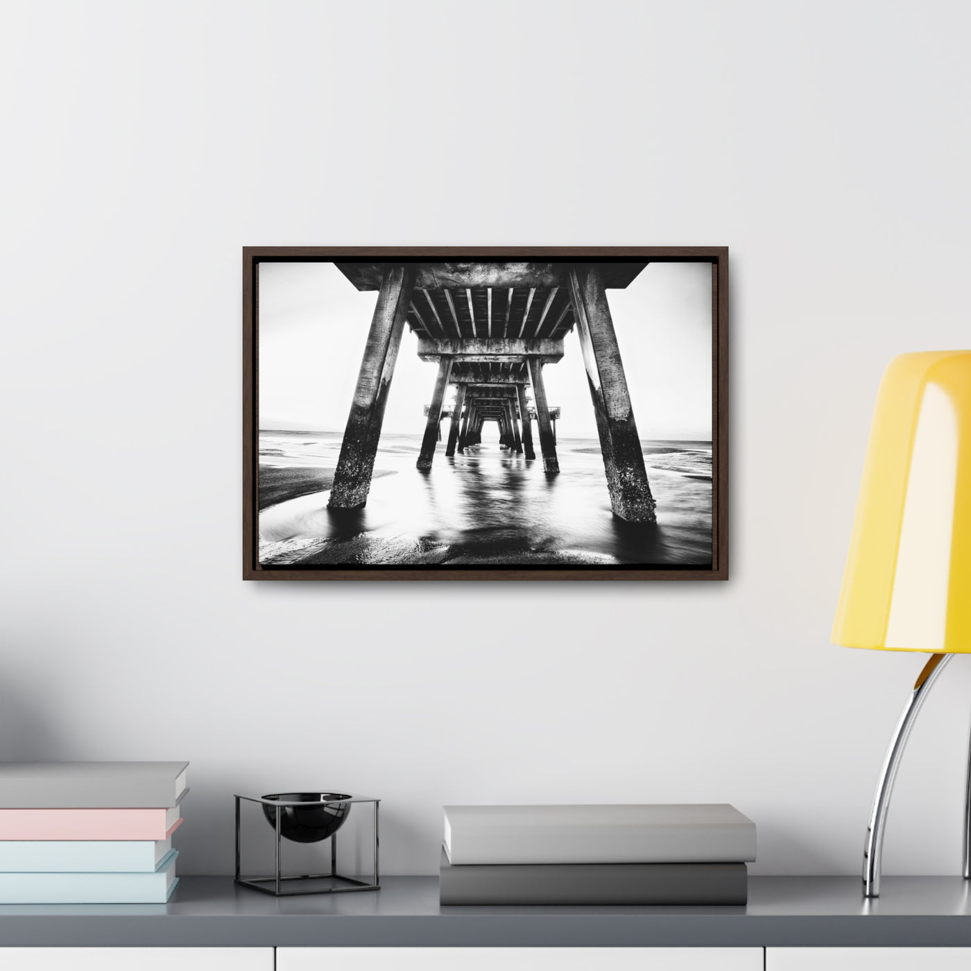 Black and White Beach Pier Framed Canvas Wall Art Print