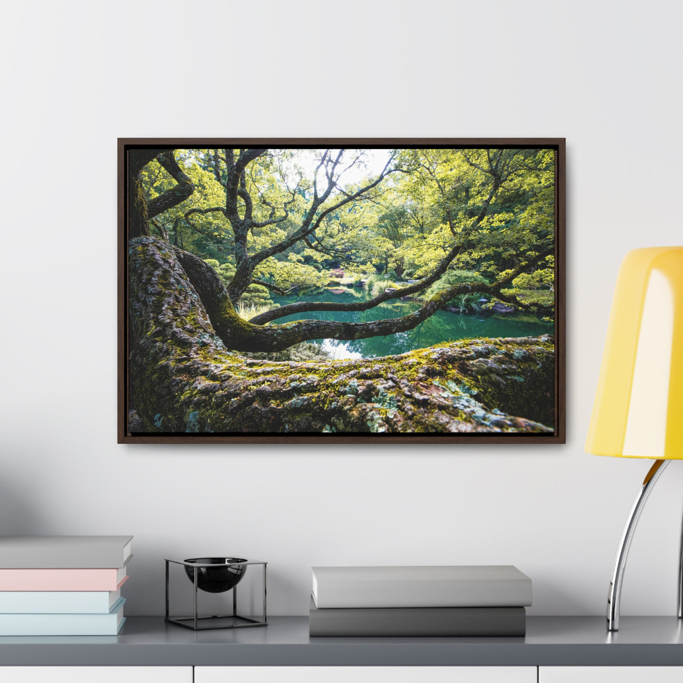 Flowing Tree Branches by a Pond Framed Canvas Art Print