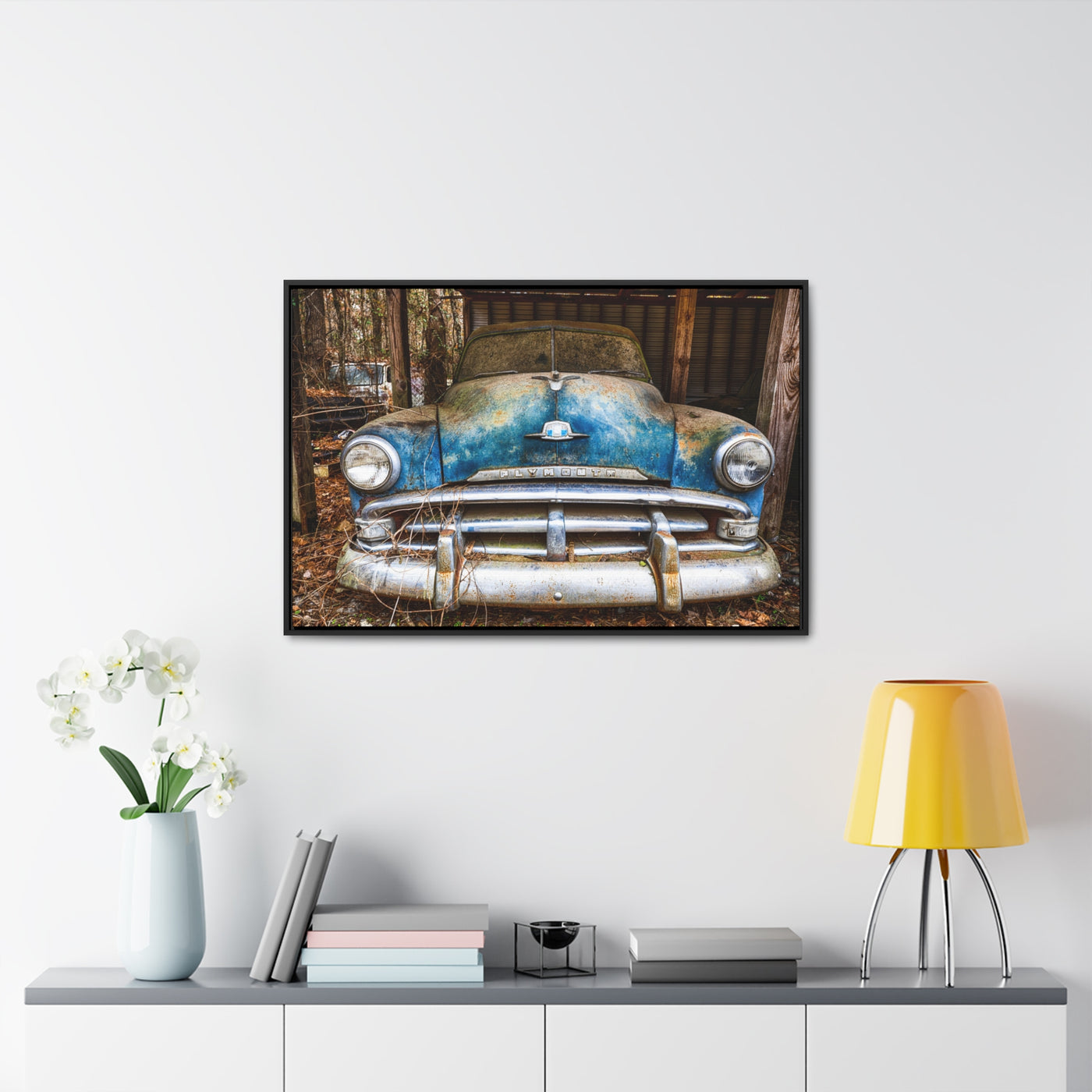 Rustic Old Blue Car Framed Canvas Wall Art