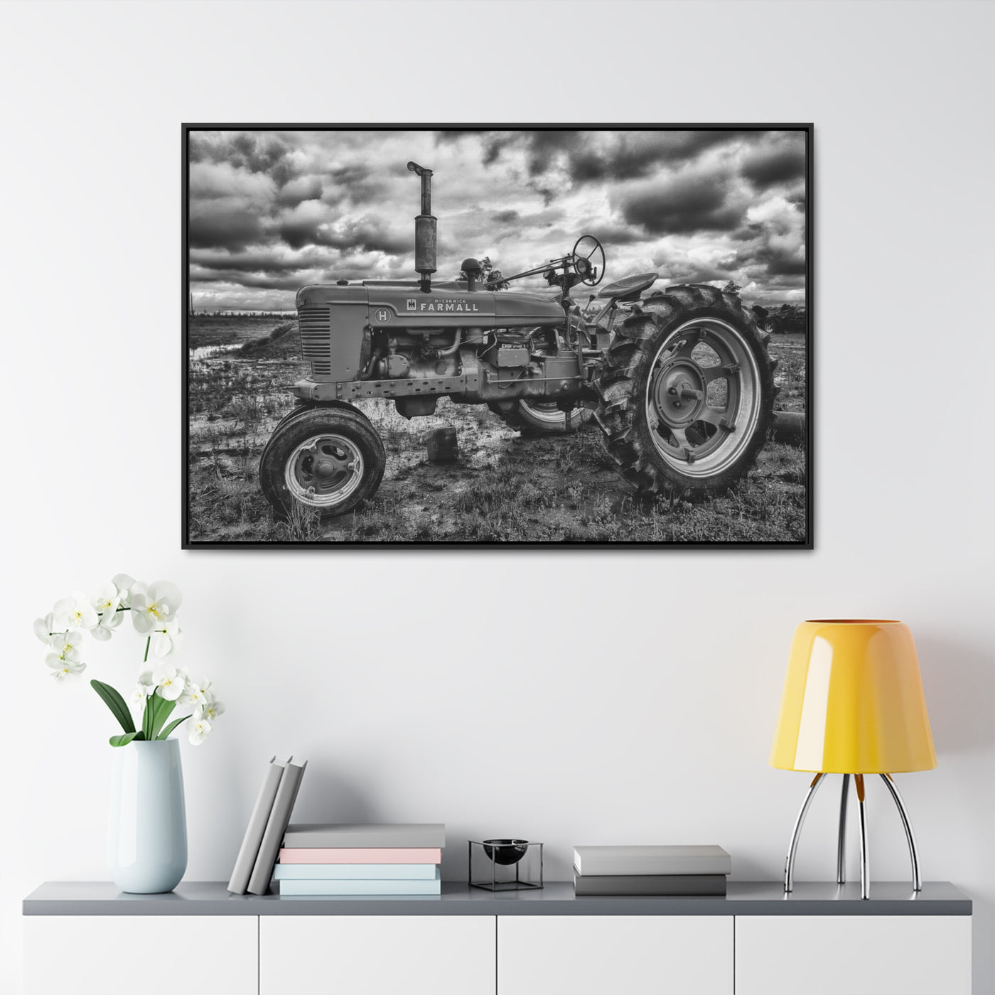 Black and White Tractor Framed Canvas Art Print