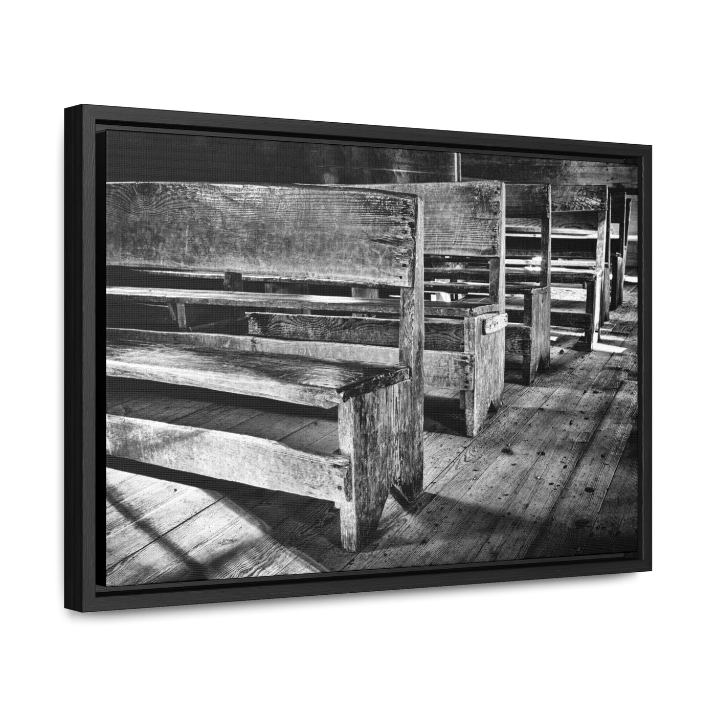 Black and White Church Pews Framed Canvas Art Print