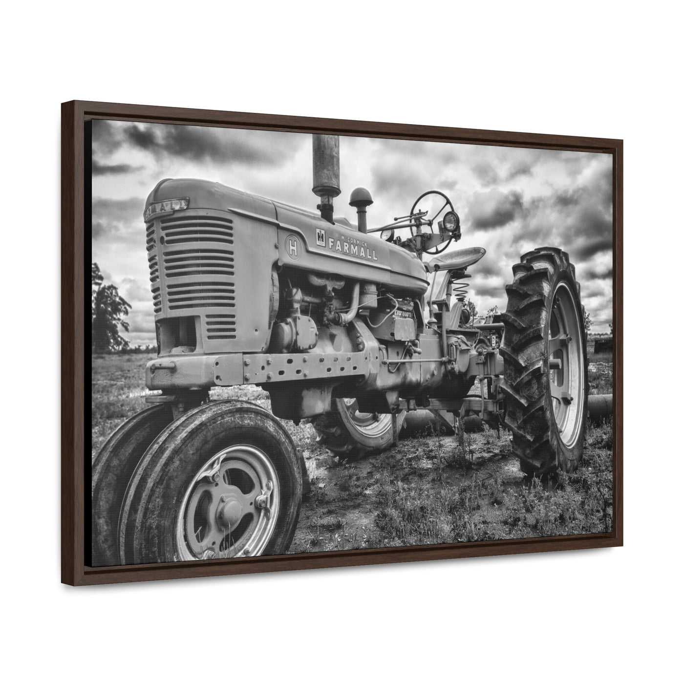 Old Farmall Tractor Black and White Framed Canvas Art Print