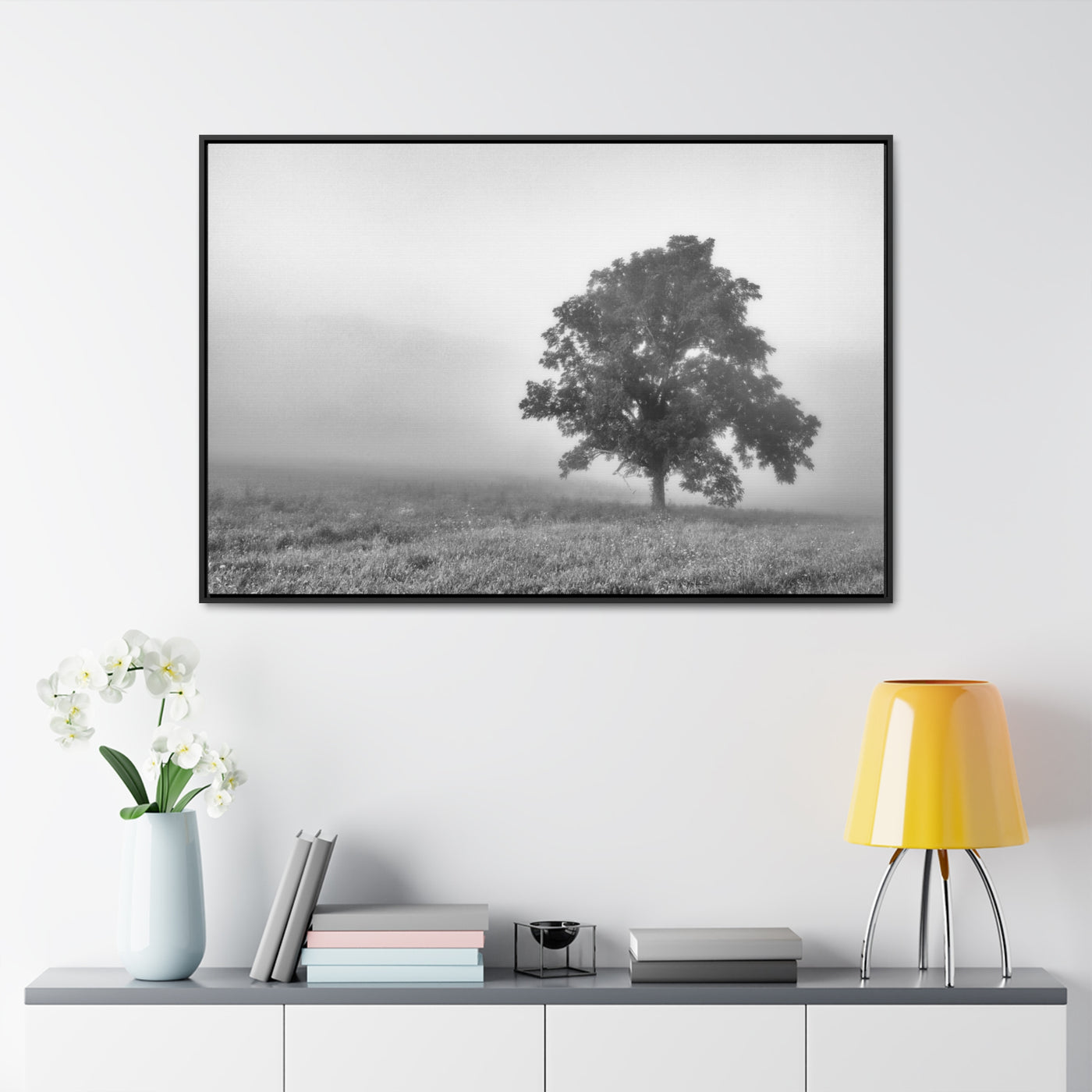 Tree in a Foggy Field Black and White Framed Canvas Print