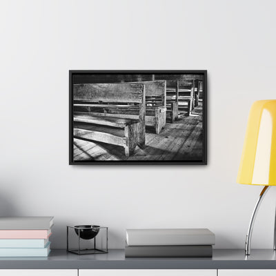 Black and White Church Pews Framed Canvas Art Print