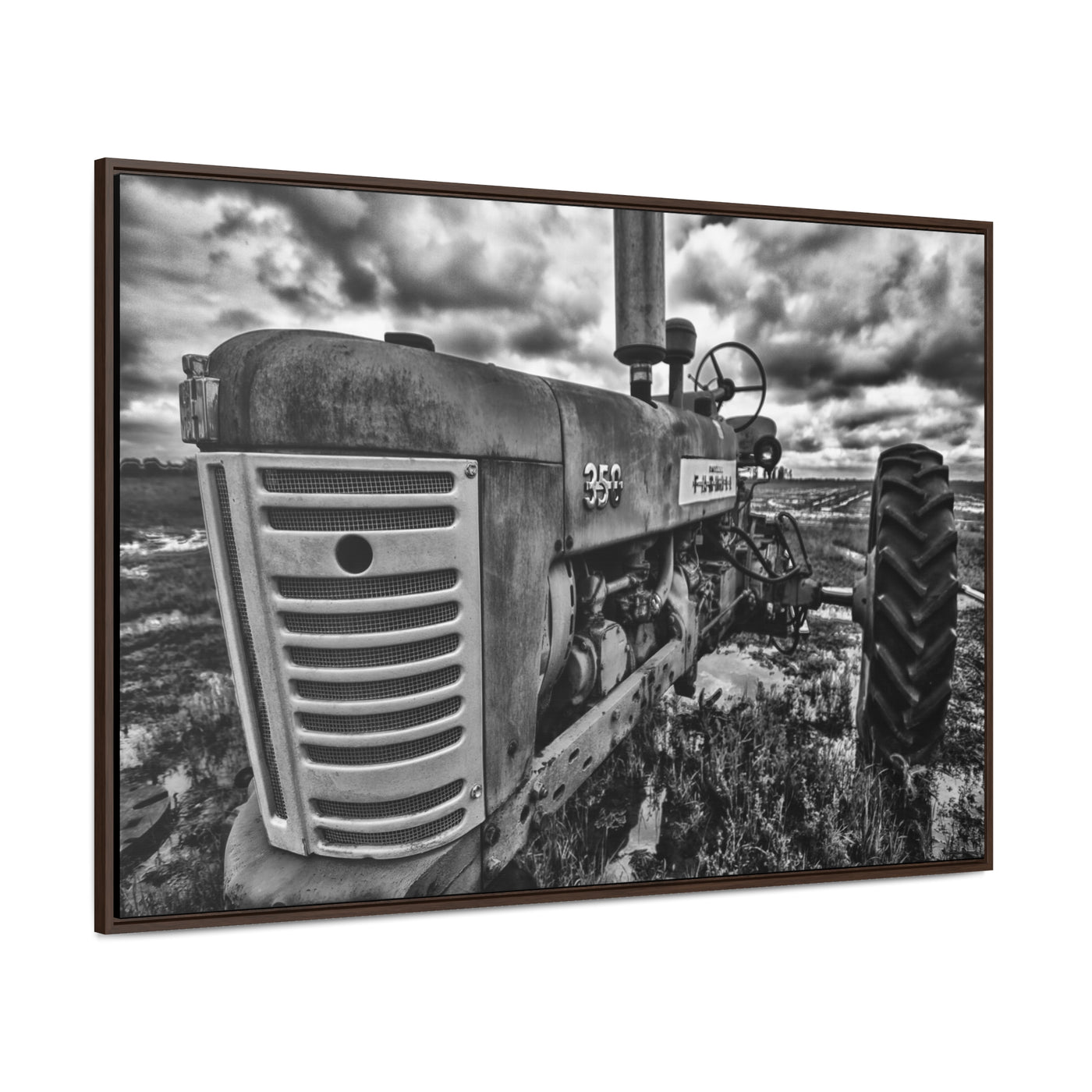 Antique Tractor Black and White Framed Canvas Art Print