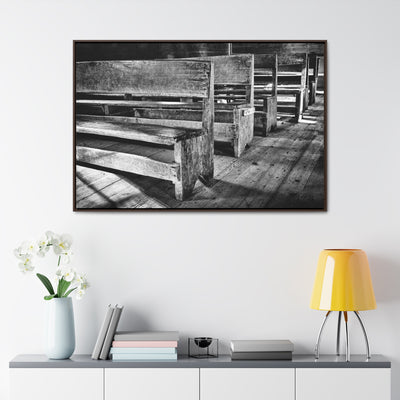 Black and White Church Pews Framed Canvas Art Print