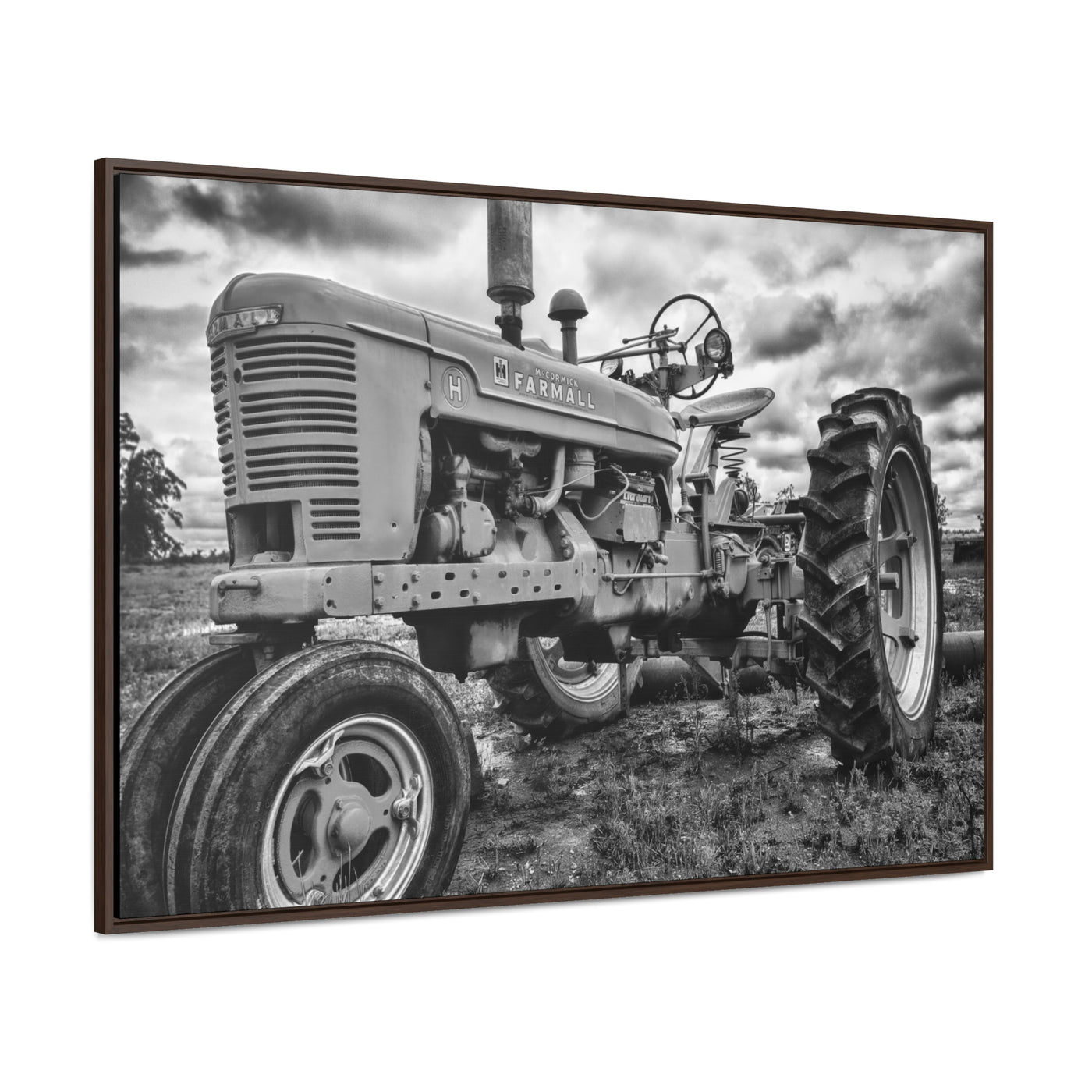 Old Farmall Tractor Black and White Framed Canvas Art Print