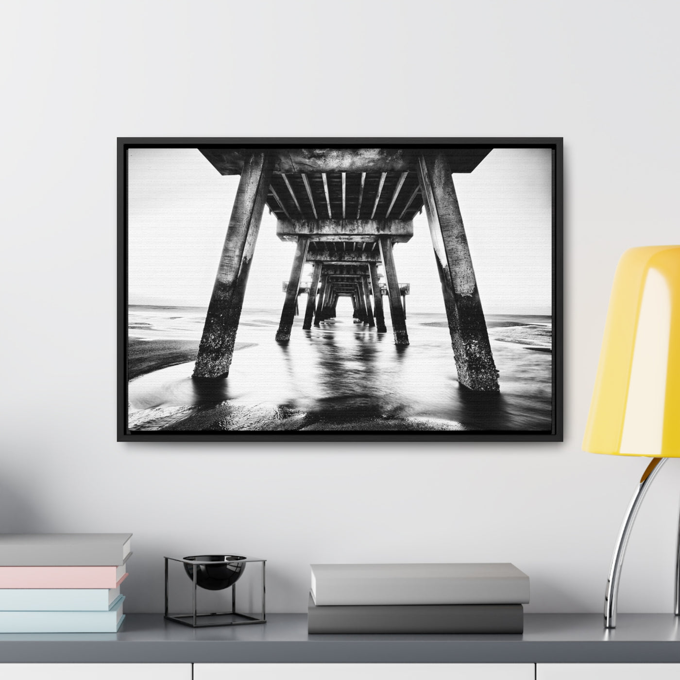 Black and White Beach Pier Framed Canvas Wall Art Print