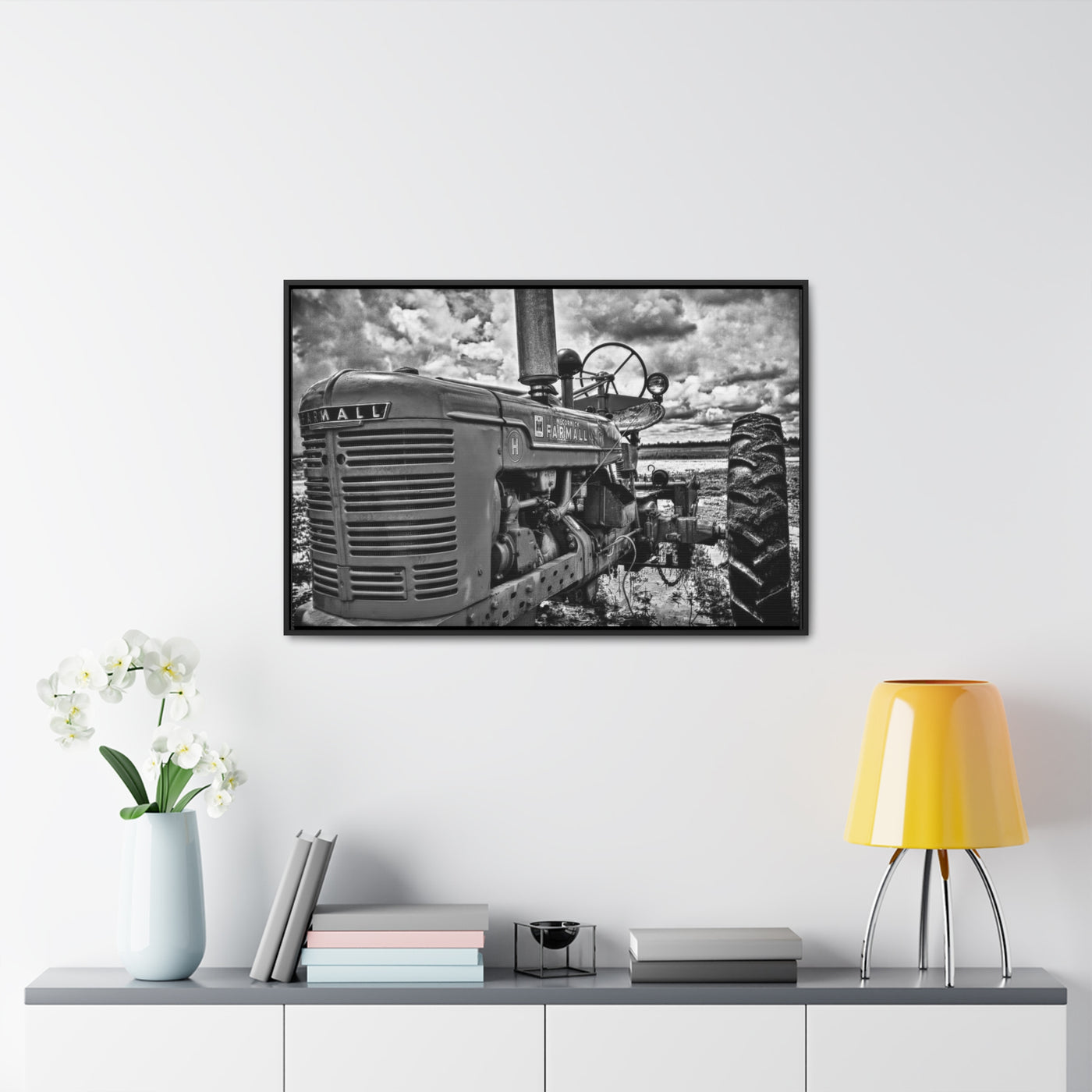 Black and White Tractor Framed Canvas Art Print