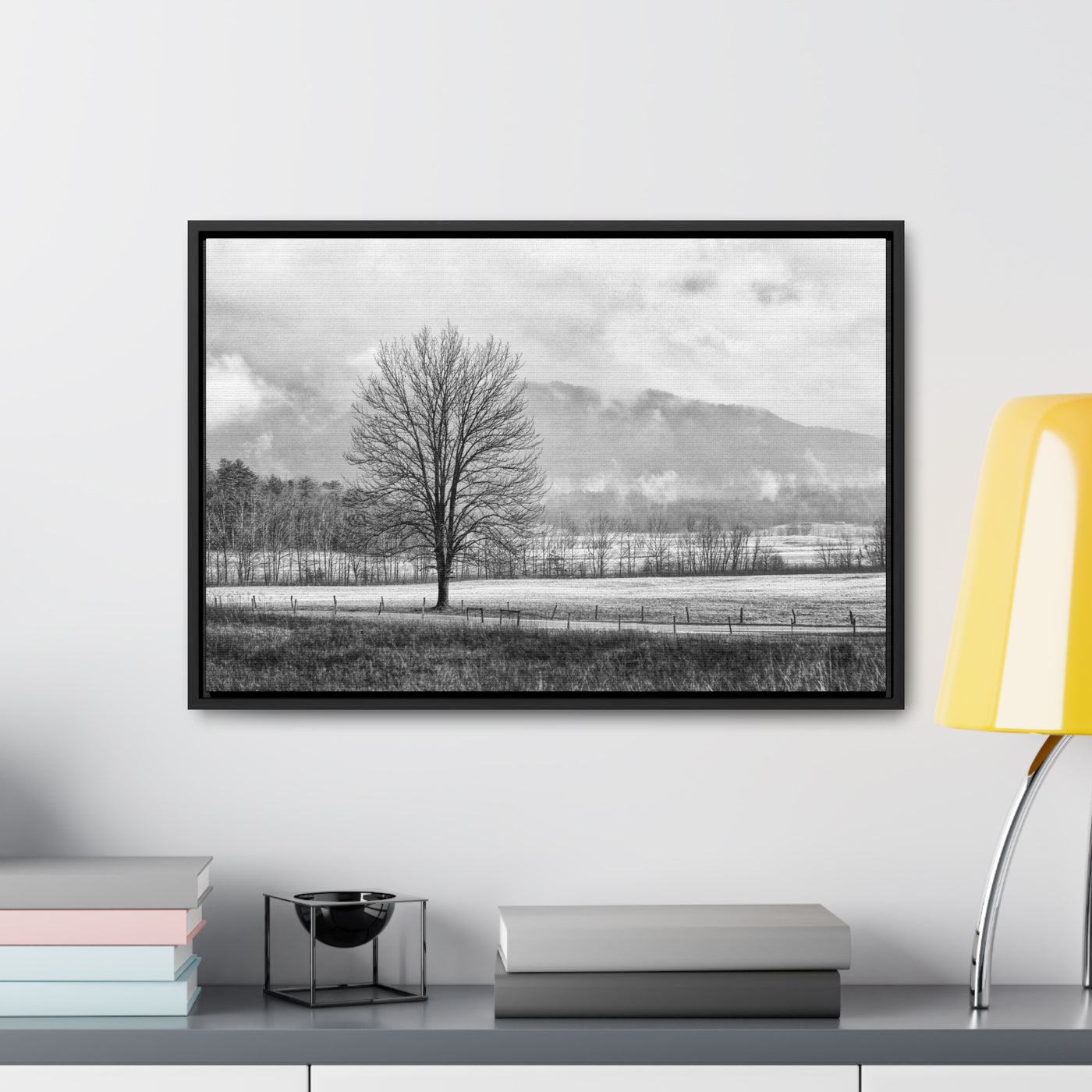 Black and White Tree and Country Road Framed Canvas Art Print