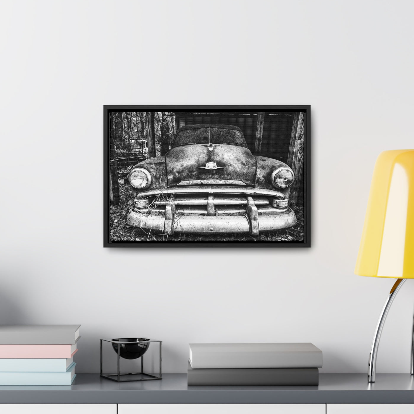 Old Antique Car Black and White Framed Canvas Art Print