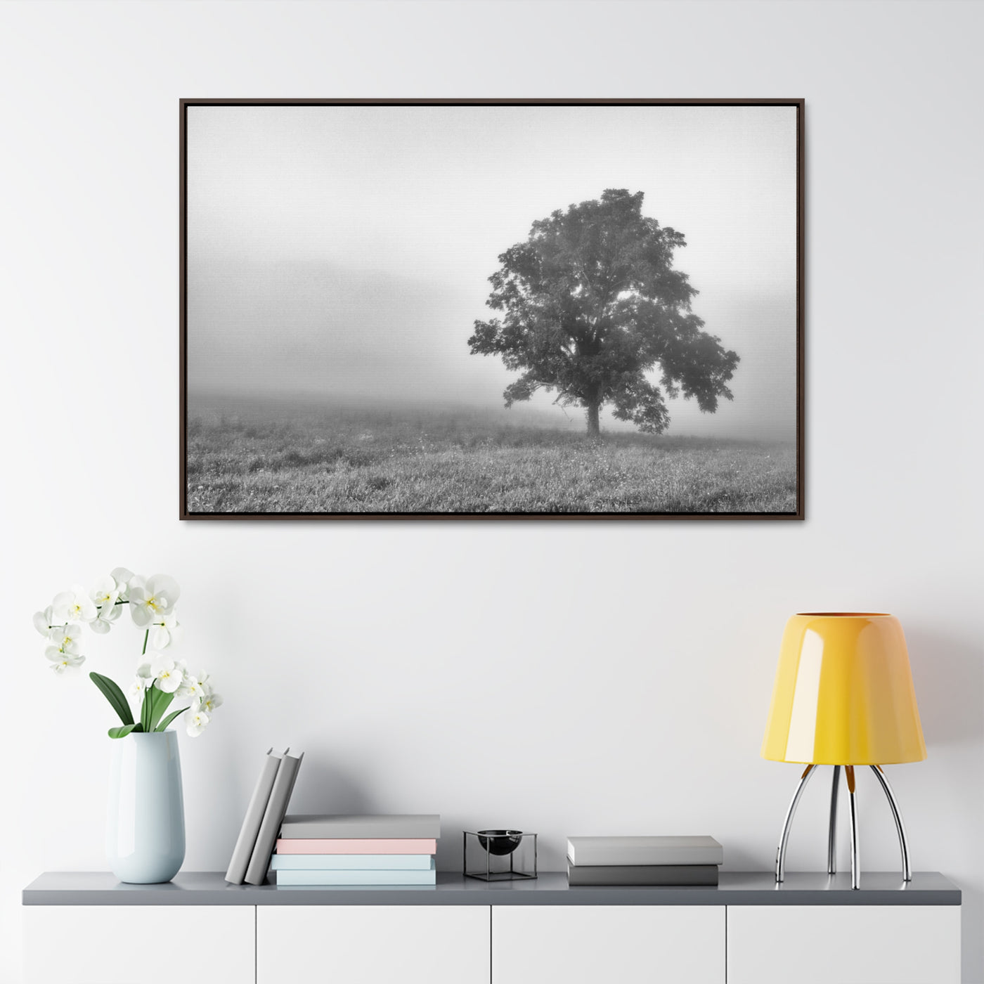 Tree in a Foggy Field Black and White Print