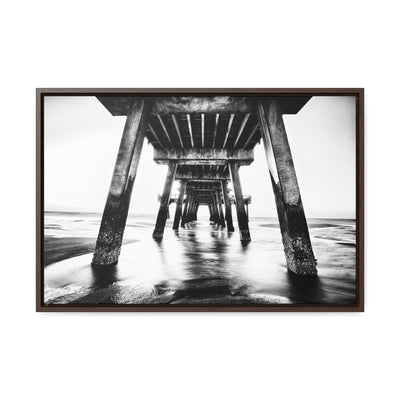 Black and White Beach Pier Framed Canvas Wall Art Print