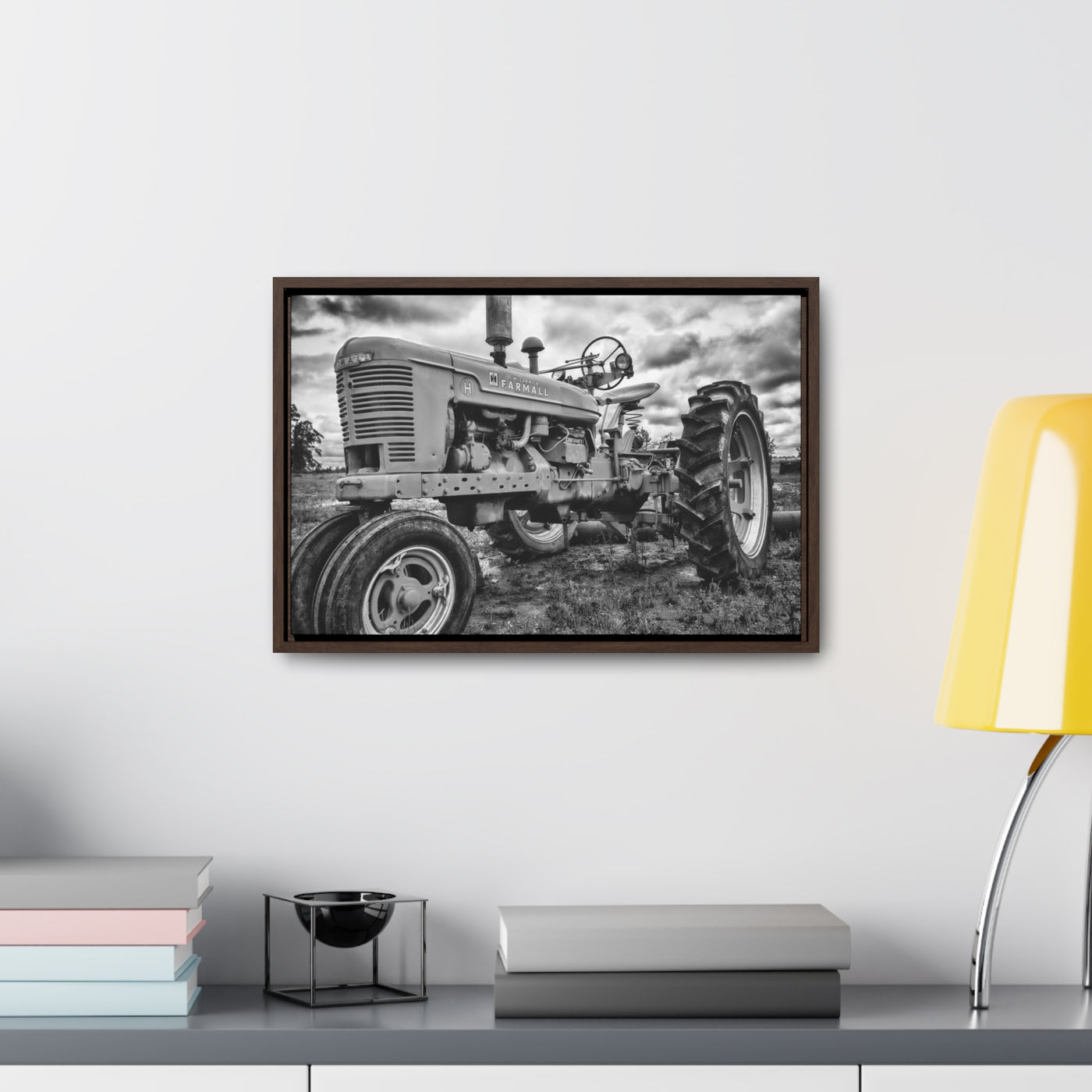 Old Farmall Tractor Black and White Framed Canvas Art Print