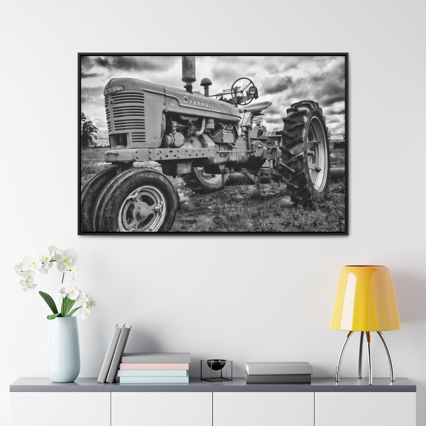 Old Farmall Tractor Black and White Framed Canvas Art Print