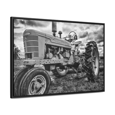 Old Farmall Tractor Black and White Framed Canvas Art Print