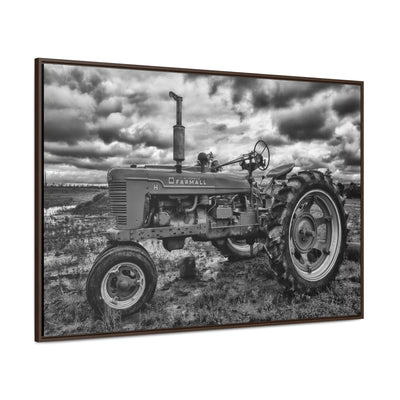 Black and White Tractor Framed Canvas Art Print