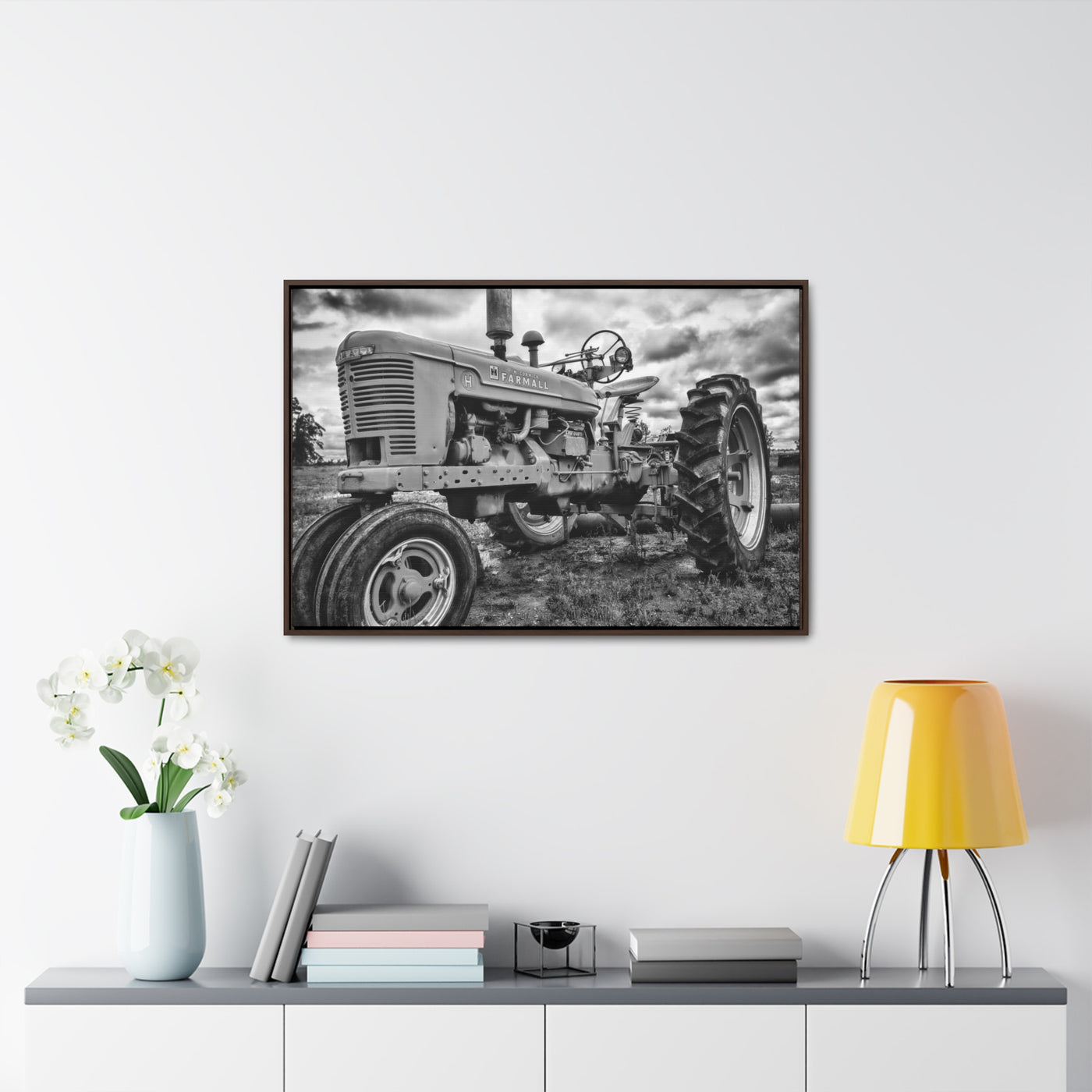 Old Farmall Tractor Black and White Framed Canvas Art Print