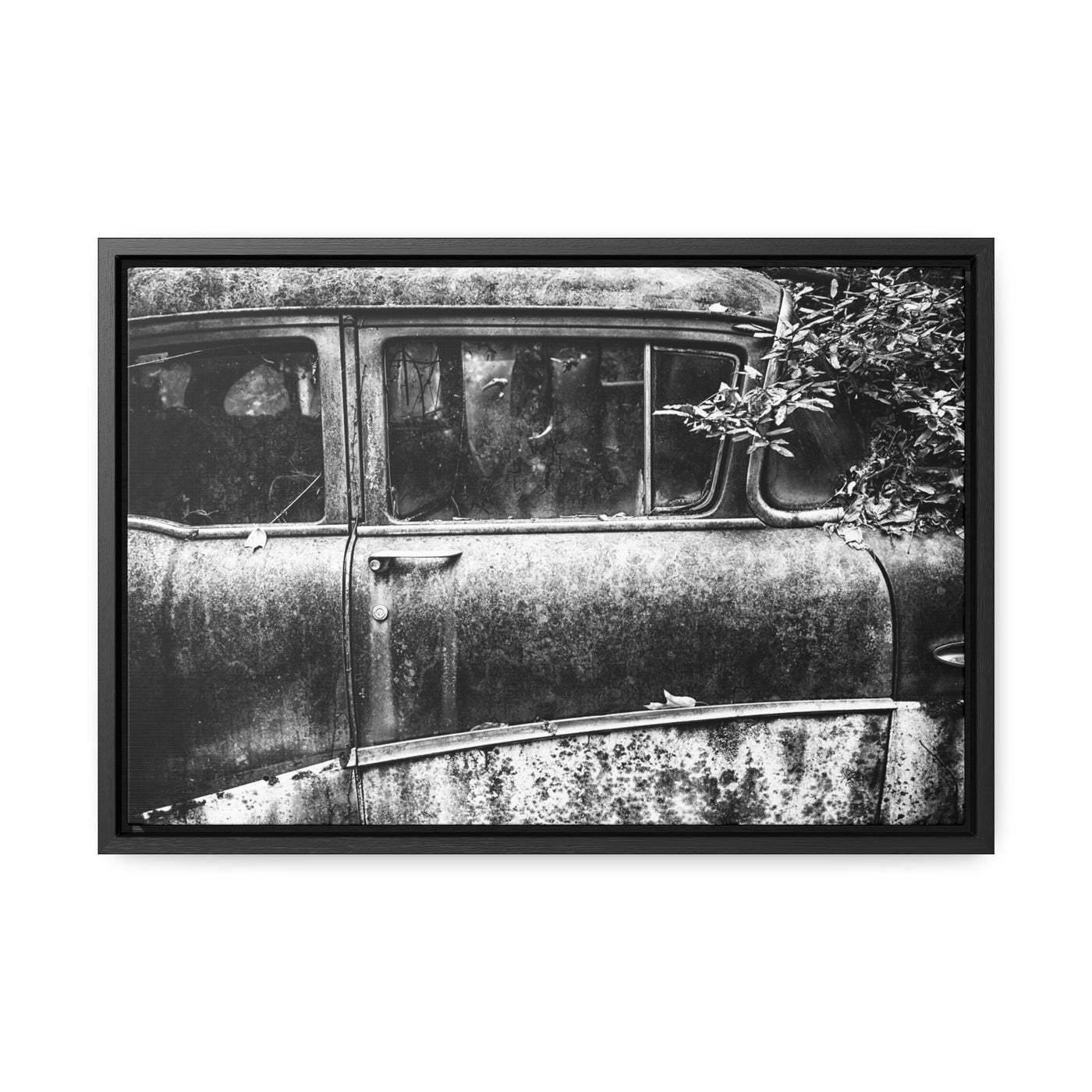 Old Car Black and White Framed Canvas Art Print