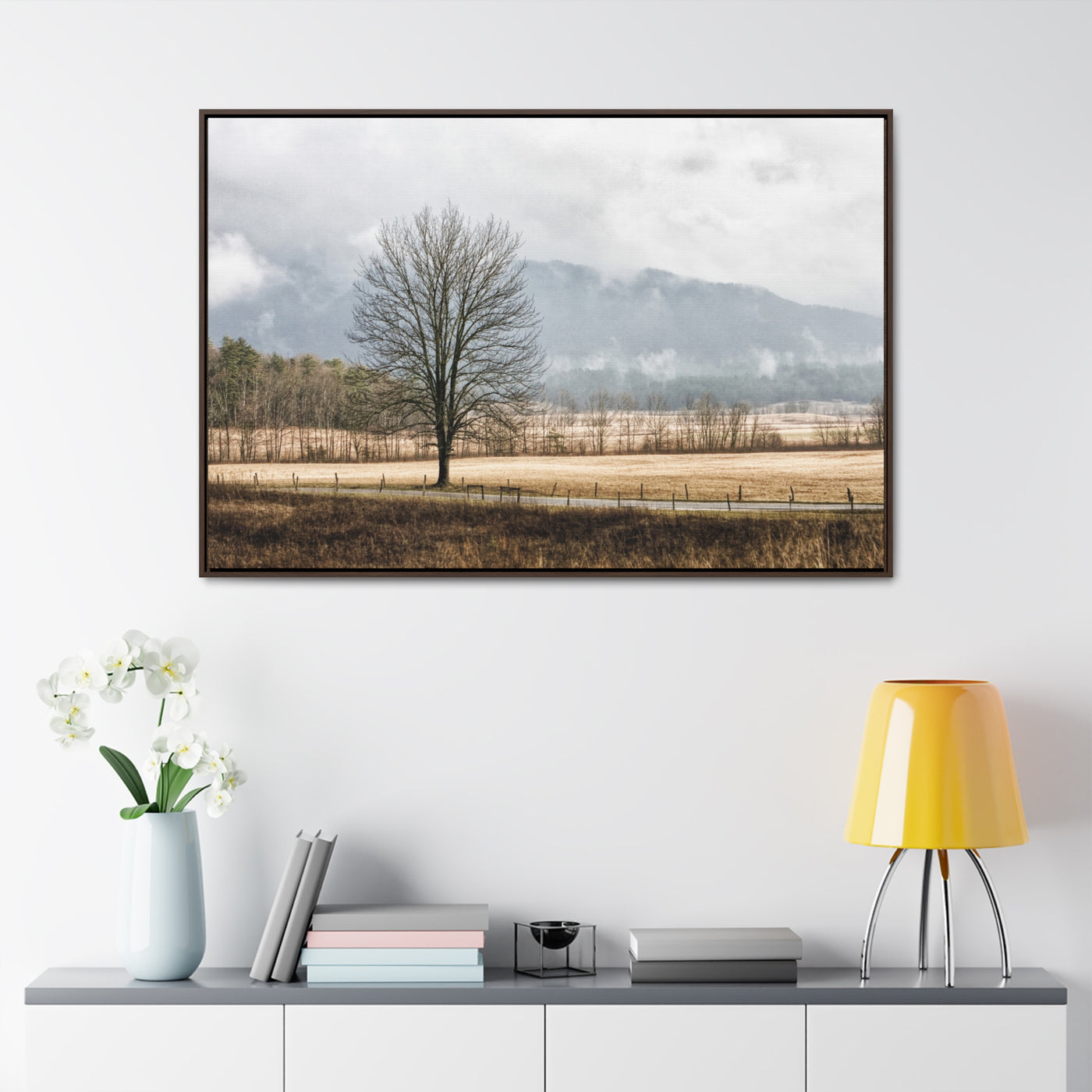 Winter Tree in a Field Framed Canvas Art Print