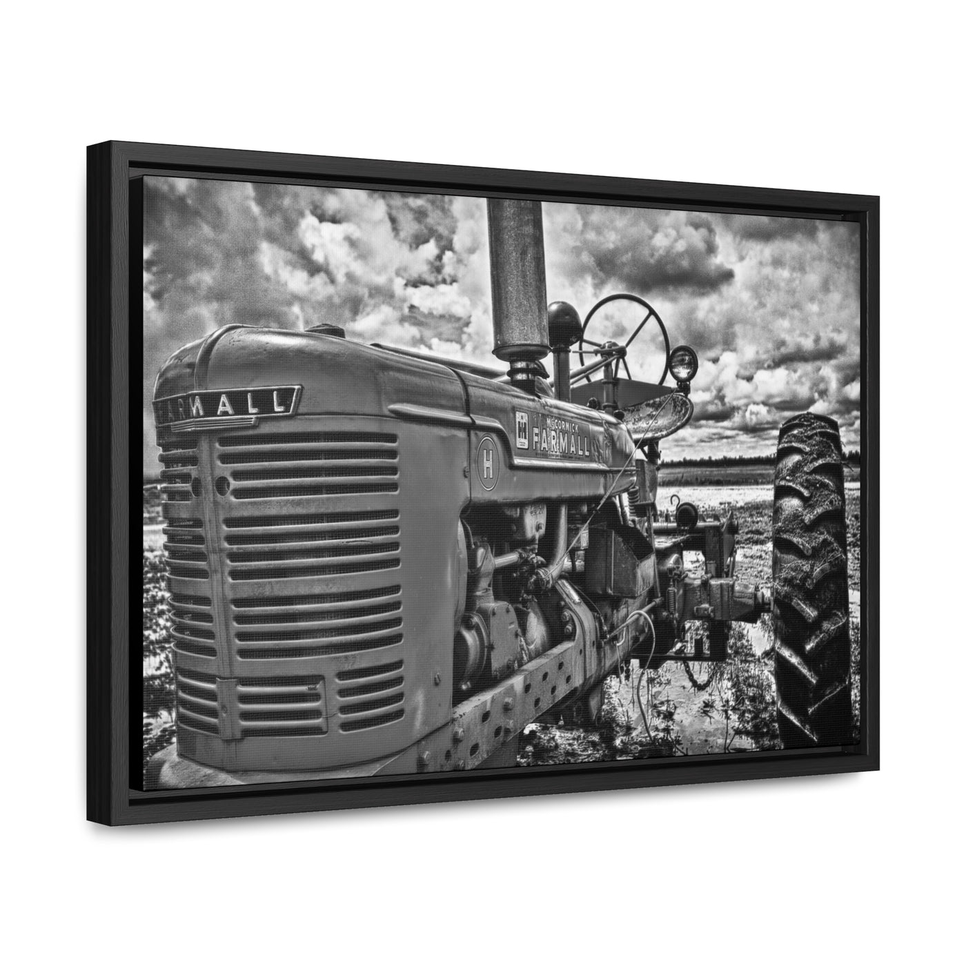 Black and White Tractor Framed Canvas Art Print