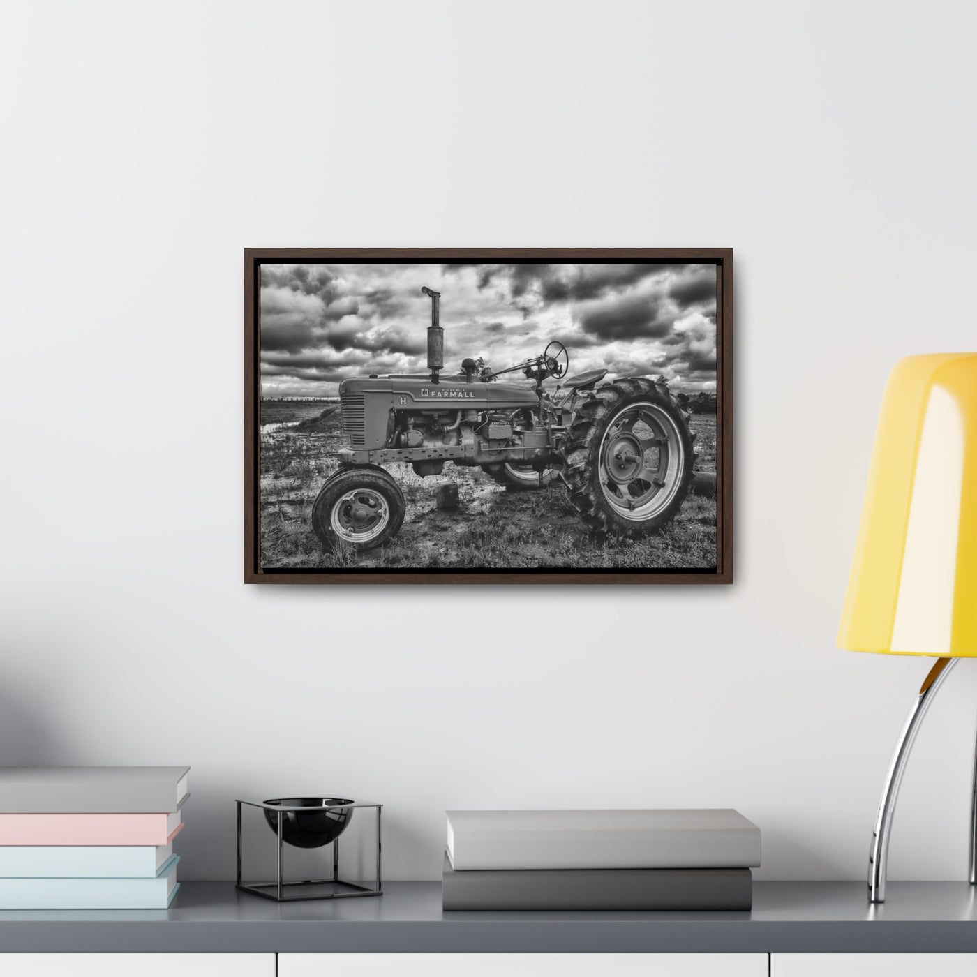 Black and White Tractor Framed Canvas Art Print