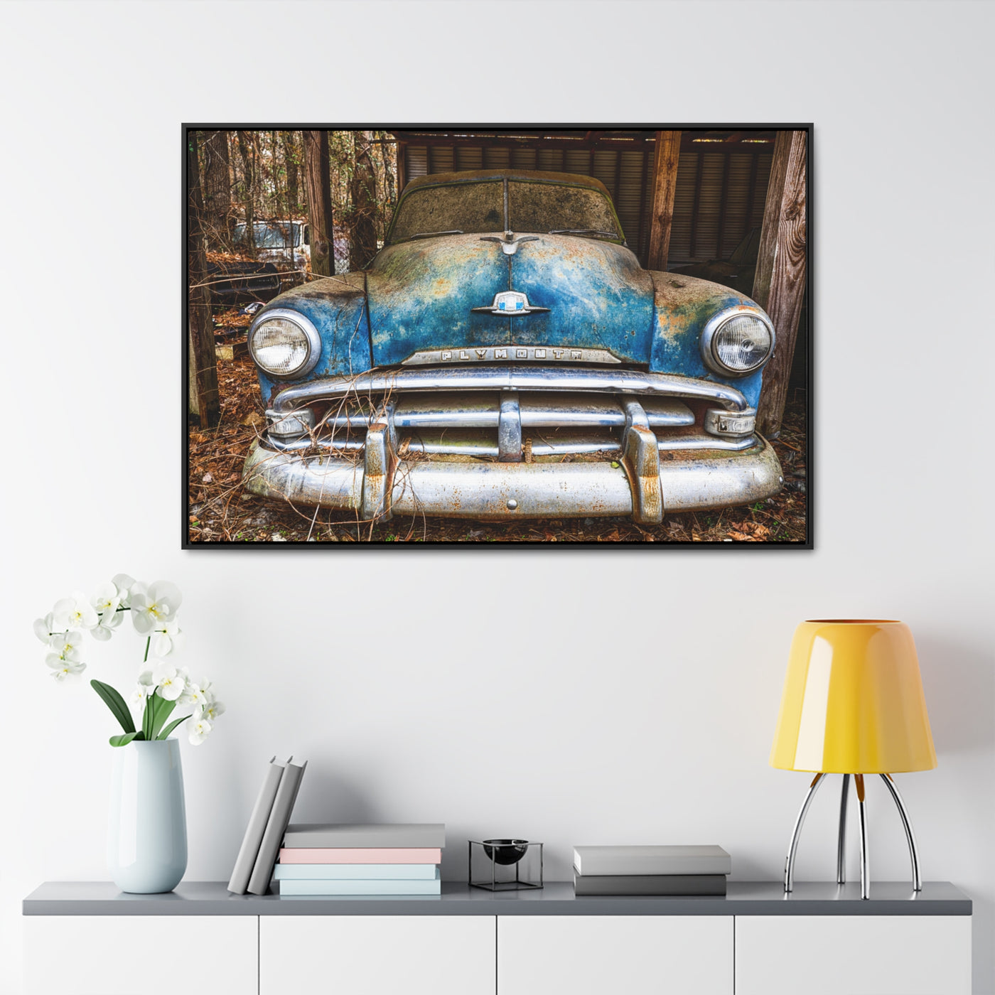 Rustic Old Blue Car Framed Canvas Wall Art