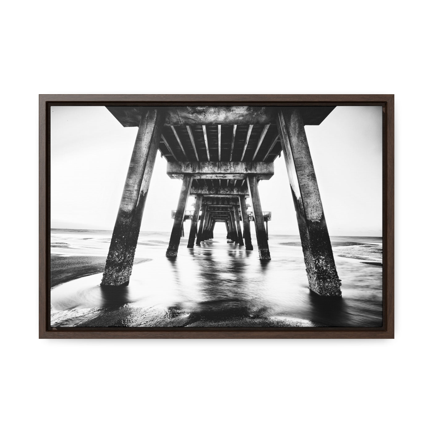 Black and White Beach Pier Framed Canvas Wall Art Print