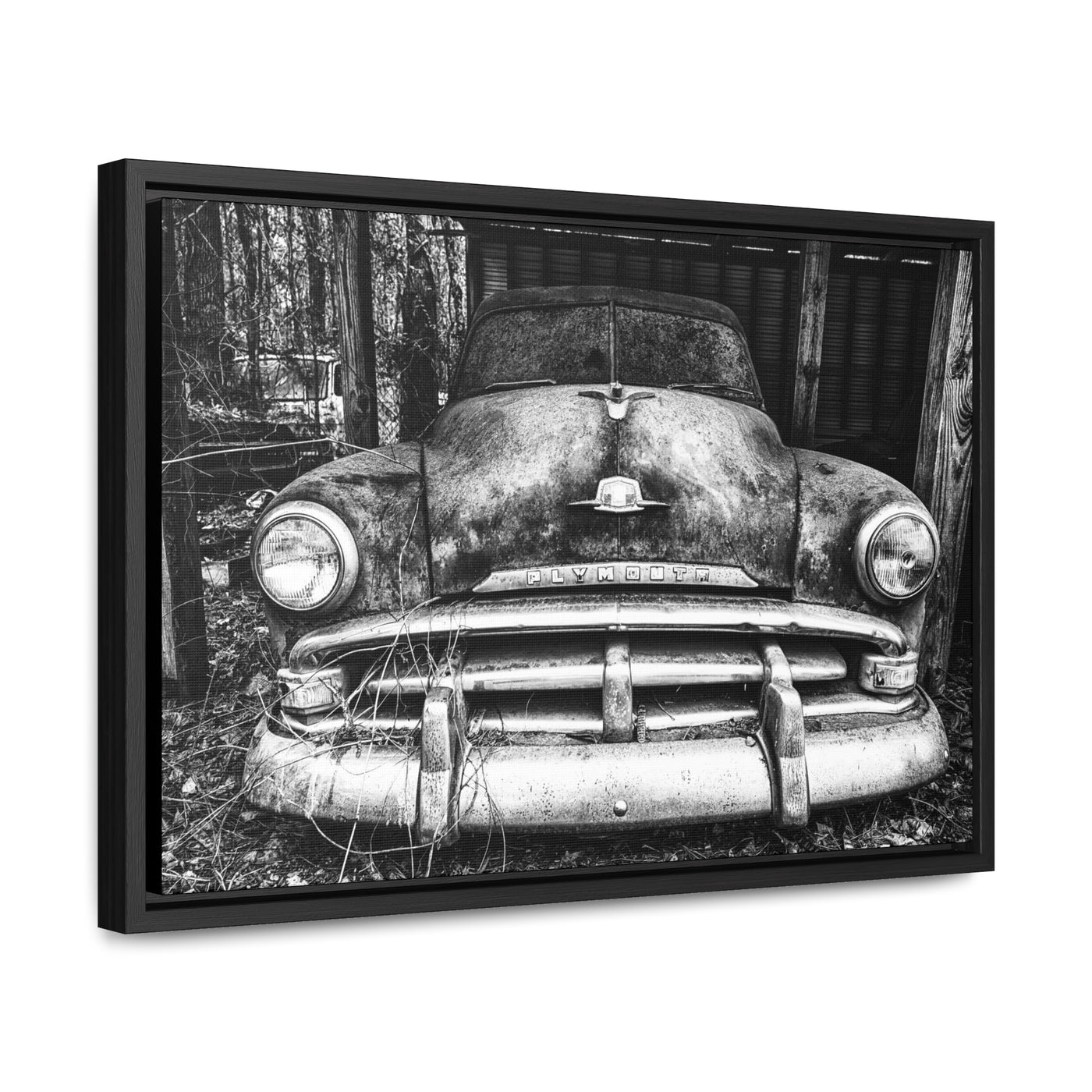 Old Antique Car Black and White Framed Canvas Art Print