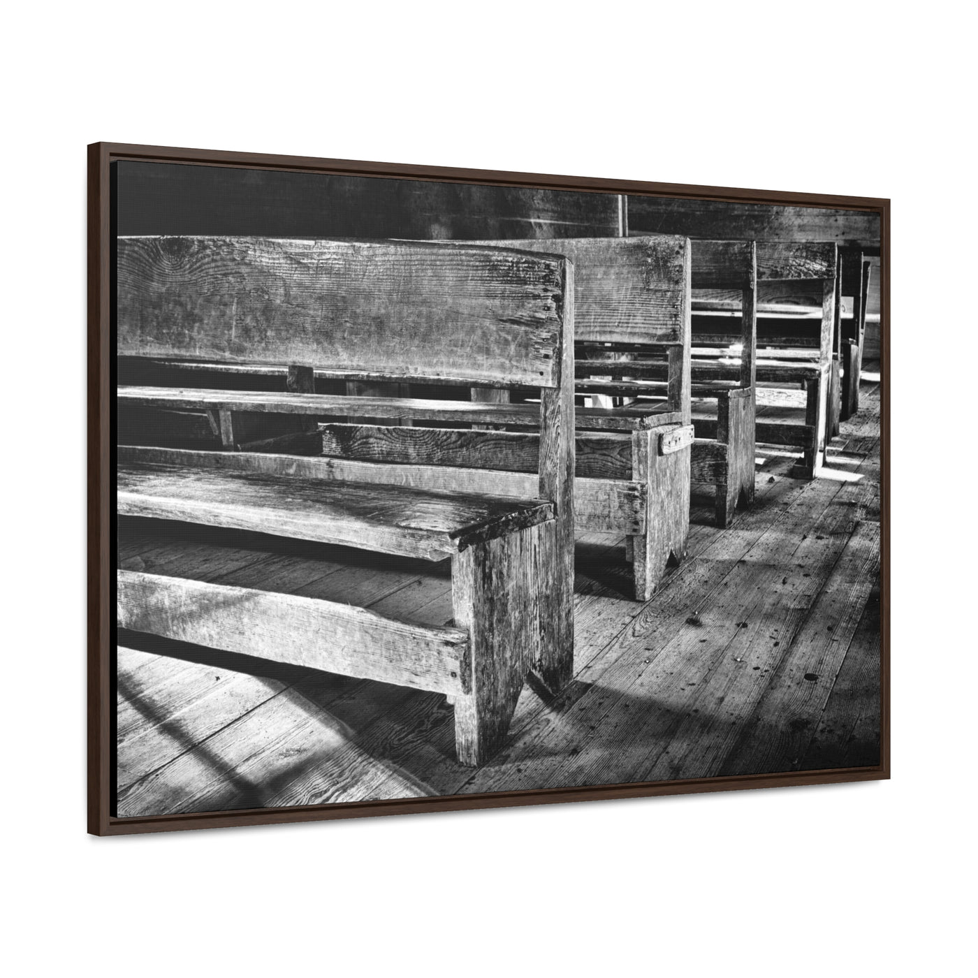 Black and White Church Pews Framed Canvas Art Print