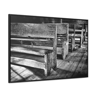 Black and White Church Pews Framed Canvas Art Print