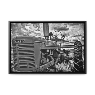 Black and White Tractor Framed Canvas Art Print