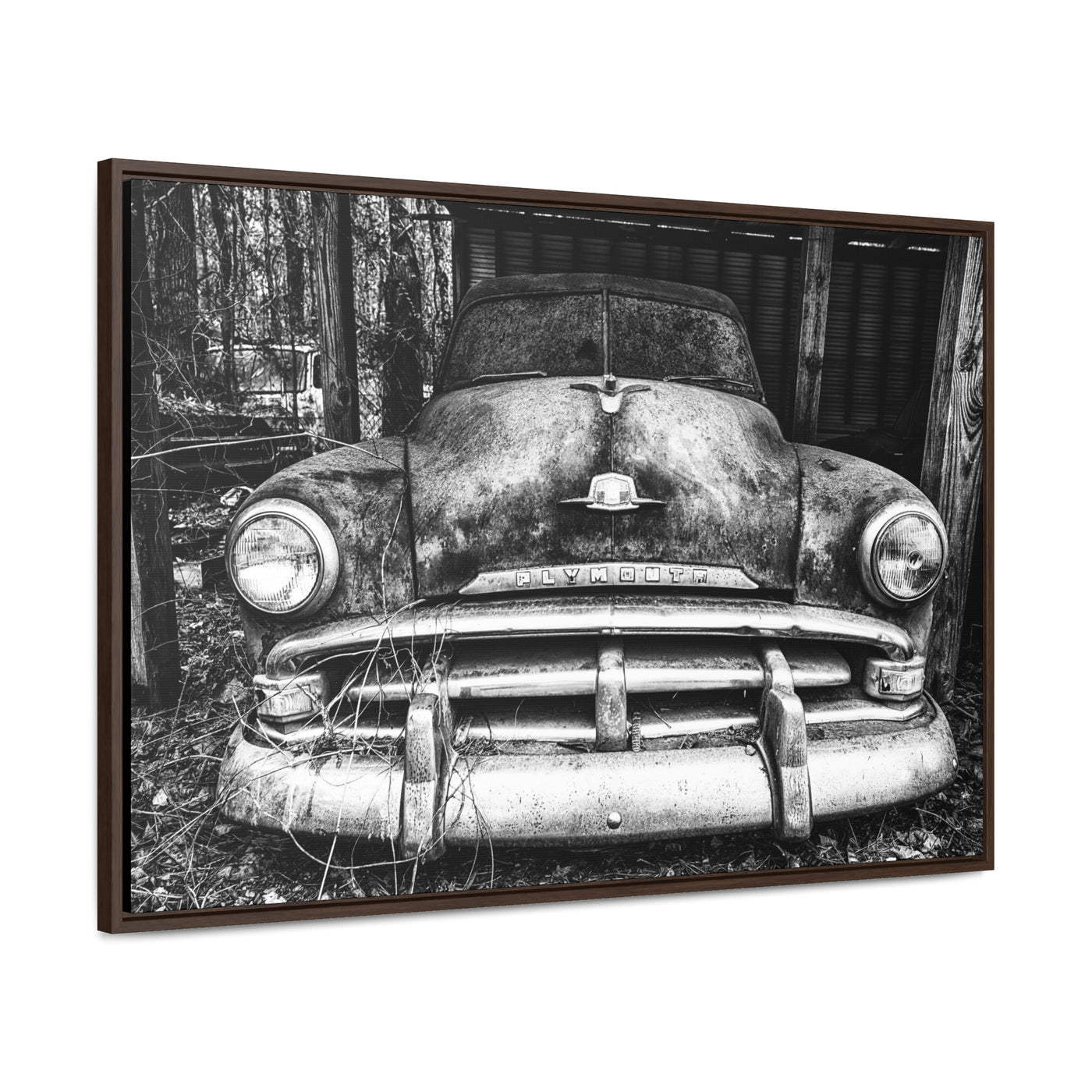 Old Antique Car Black and White Framed Canvas Art Print