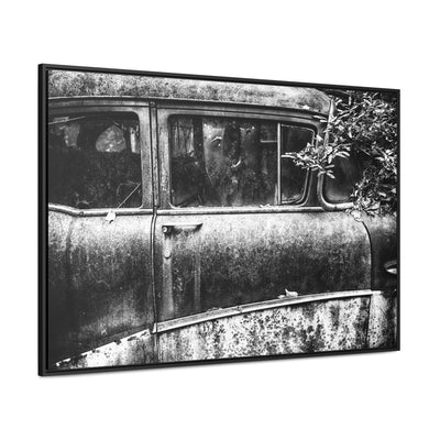 Old Car Black and White Framed Canvas Art Print