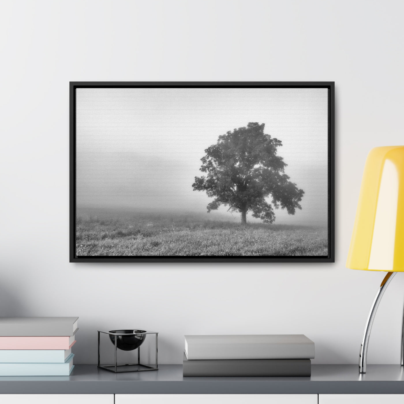 Tree in a Foggy Field Black and White Framed Canvas Print