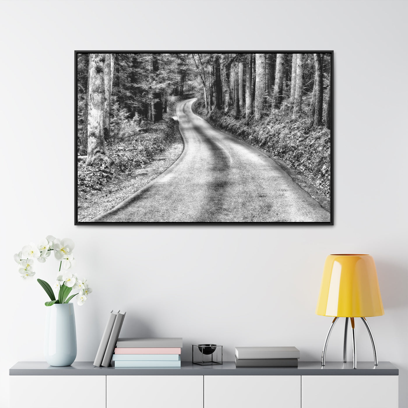 Black and White Mountain Road Framed Canvas Art Print