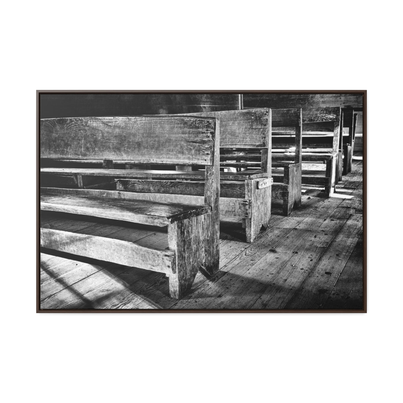 Black and White Church Pews Framed Canvas Art Print