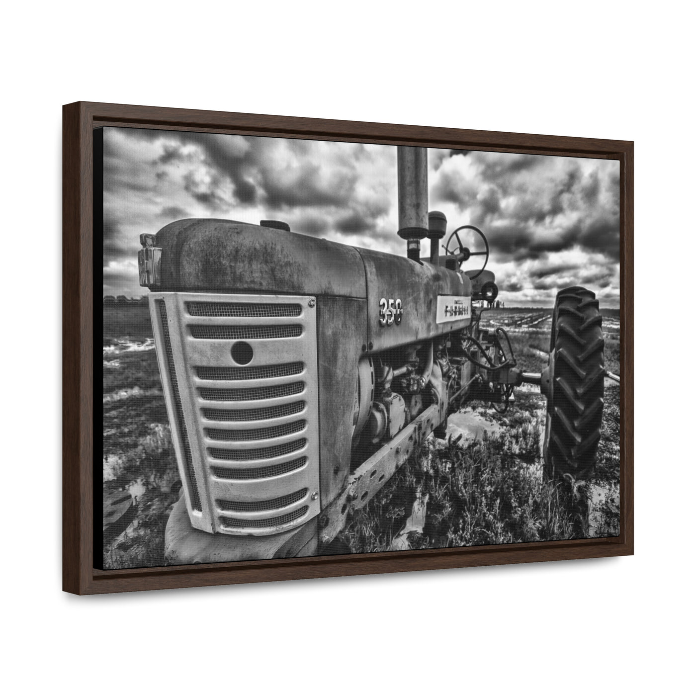 Antique Tractor Black and White Framed Canvas Art Print