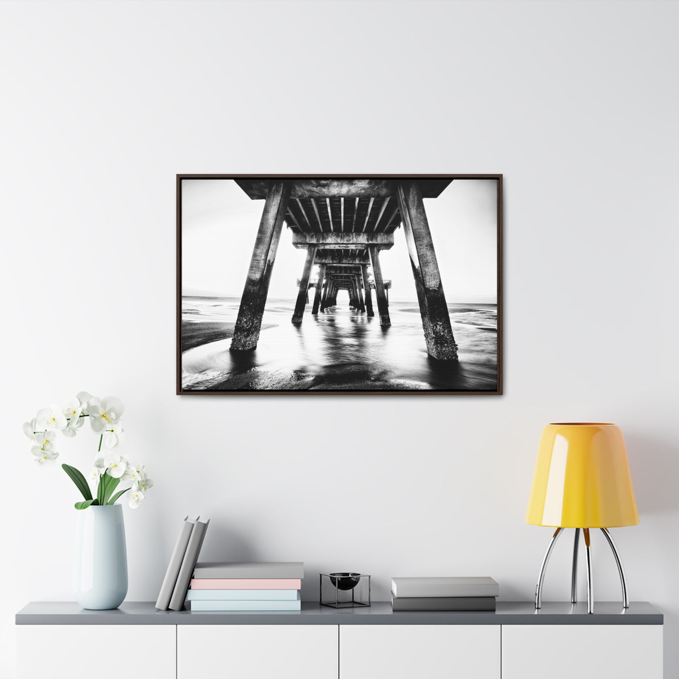 Black and White Beach Pier Framed Canvas Wall Art Print