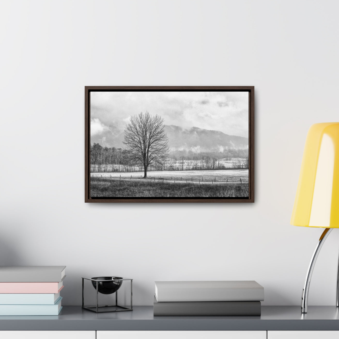 Black and White Tree and Country Road Framed Canvas Art Print