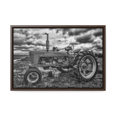 Black and White Tractor Framed Canvas Art Print