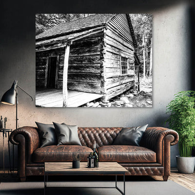 Old Mountain Log Cabin Black and White Wall Art