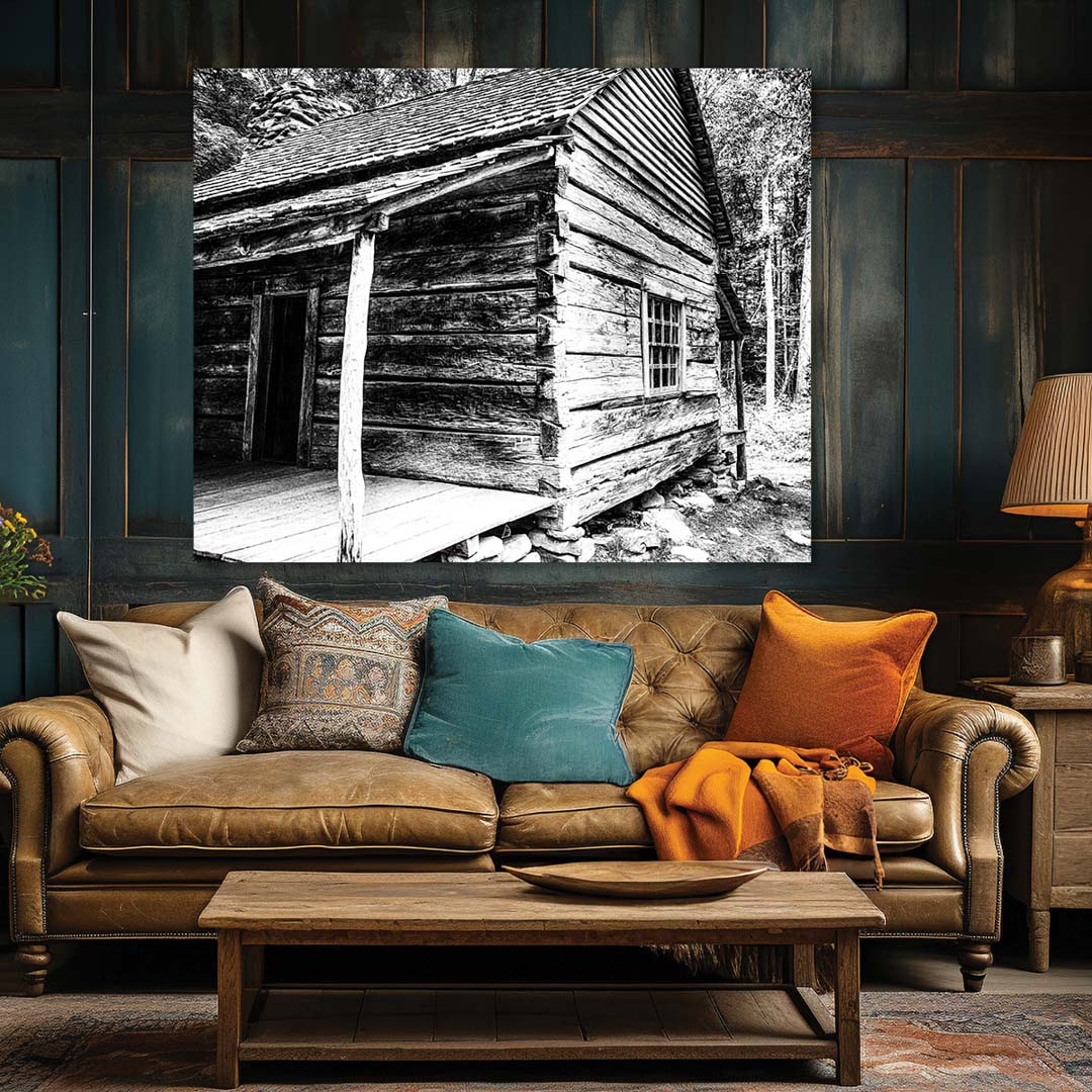 Old Mountain Log Cabin Black and White Wall Art