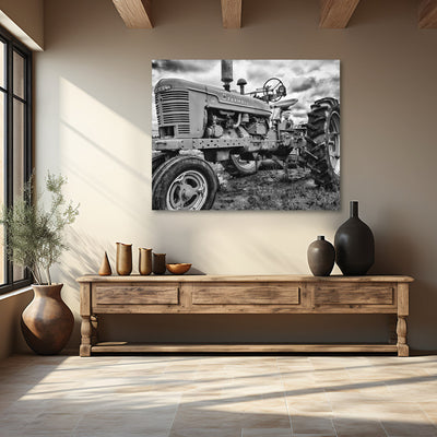 Country Farm Tractor Black and White Art Print